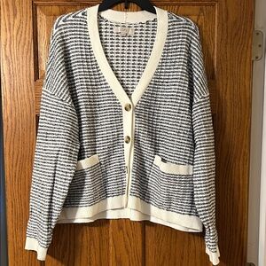 LOFT Navy and Cream Button-Up Cardigan